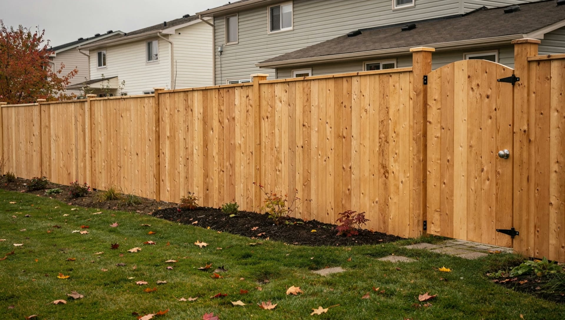 New cedar privacy fence with a gate along a suburban backyard in autumn